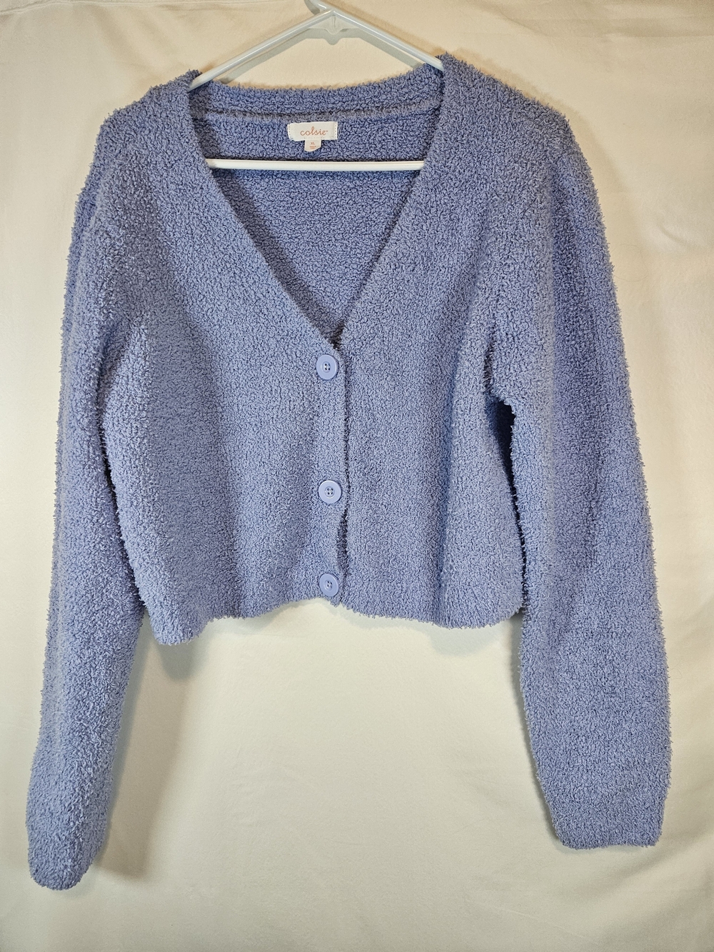 Colsie Blue Plush Button Crop Cardigan